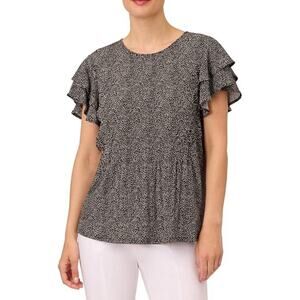 Adrianna Papell Pleated Knit Double Sleeve Top, Black White Polka Dots, Career